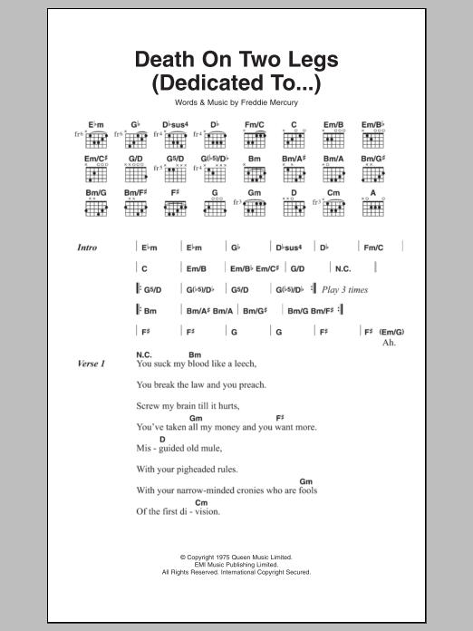 Queen Death On Two Legs (Dedicated To...) sheet music notes and chords. Download Printable PDF.