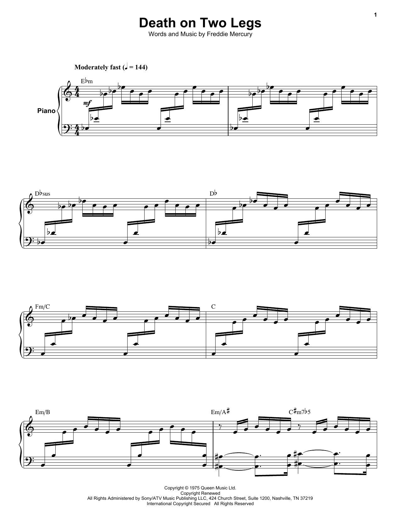 Queen Death On Two Legs sheet music notes and chords. Download Printable PDF.