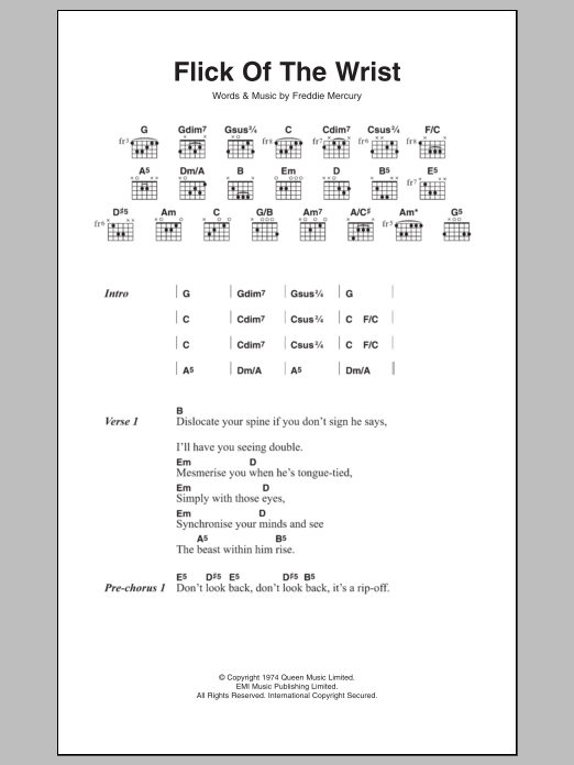 Queen Flick Of The Wrist sheet music notes and chords. Download Printable PDF.