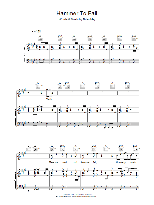 Queen Hammer To Fall sheet music notes and chords. Download Printable PDF.