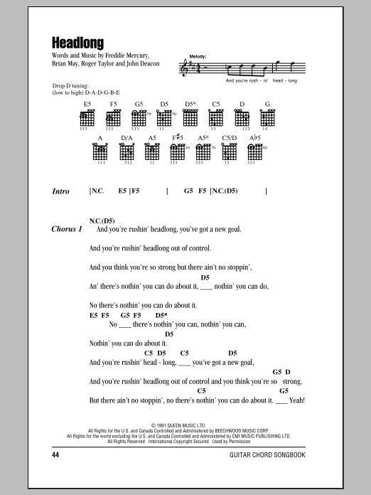 Queen Headlong sheet music notes and chords. Download Printable PDF.