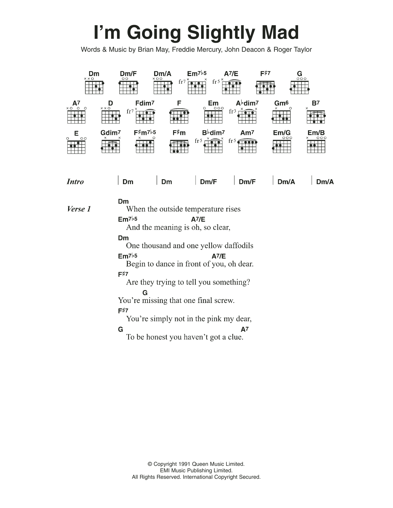 Queen I'm Going Slightly Mad sheet music notes and chords. Download Printable PDF.