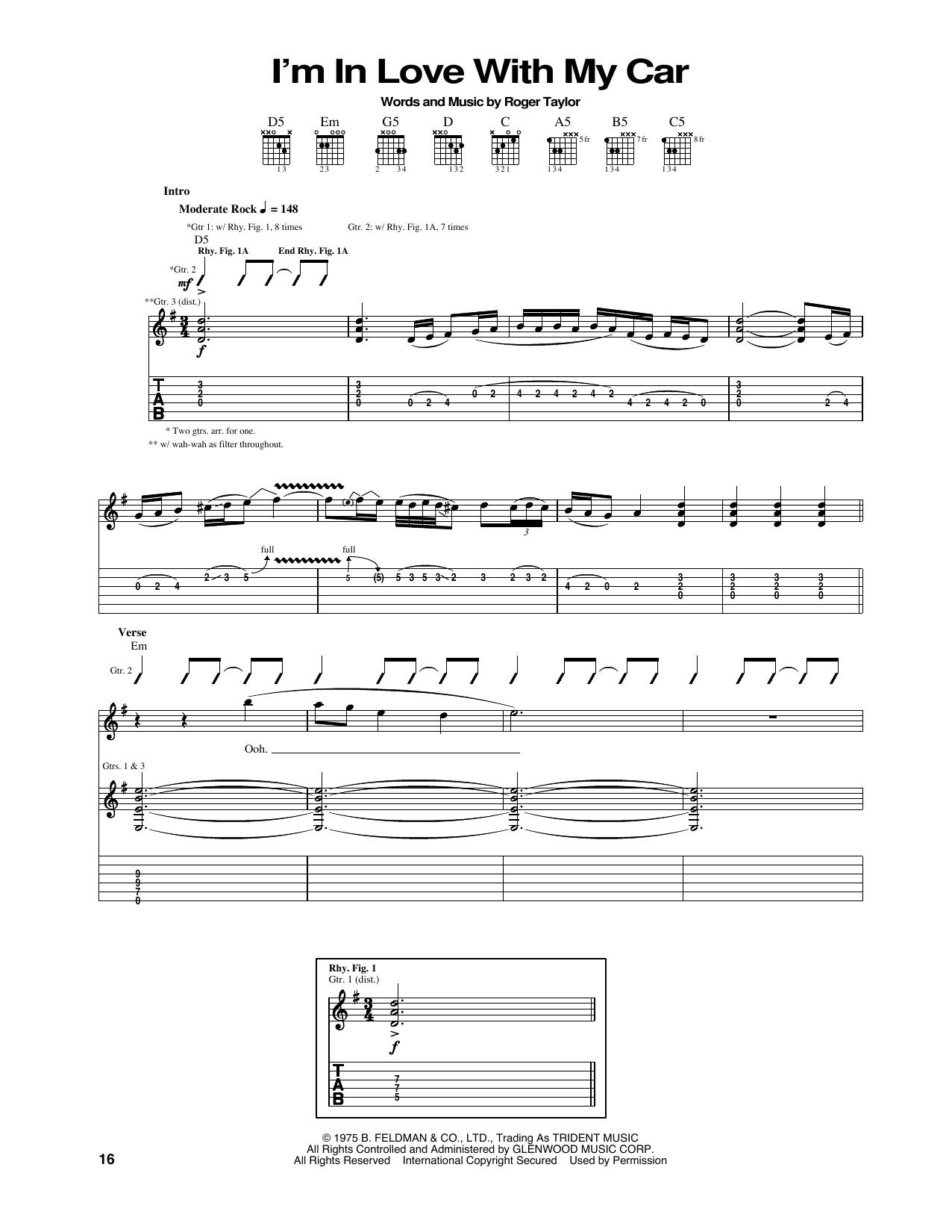 Queen I'm In Love With My Car sheet music notes and chords. Download Printable PDF.