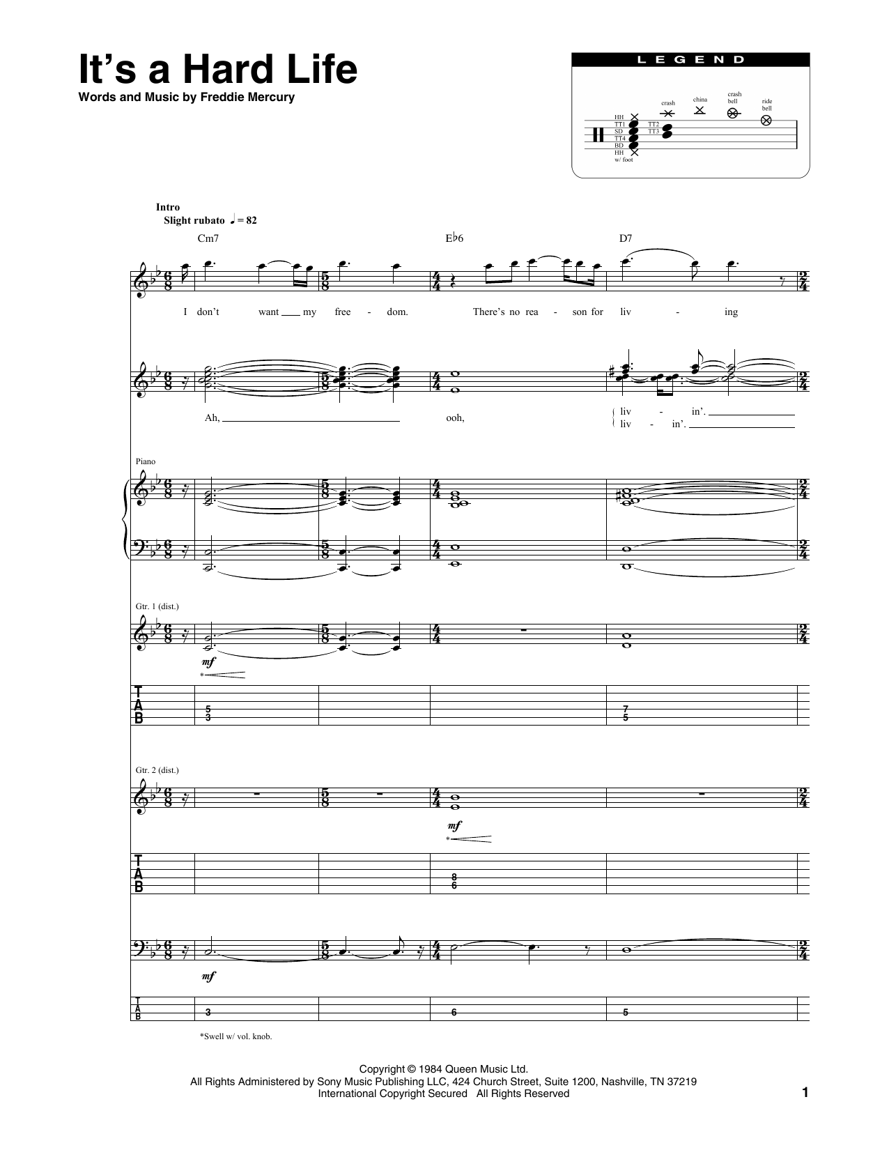 Queen It's A Hard Life sheet music notes and chords. Download Printable PDF.