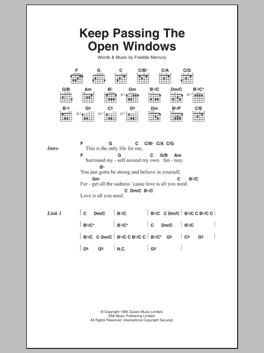 Queen Keep Passing The Open Windows sheet music notes and chords. Download Printable PDF.