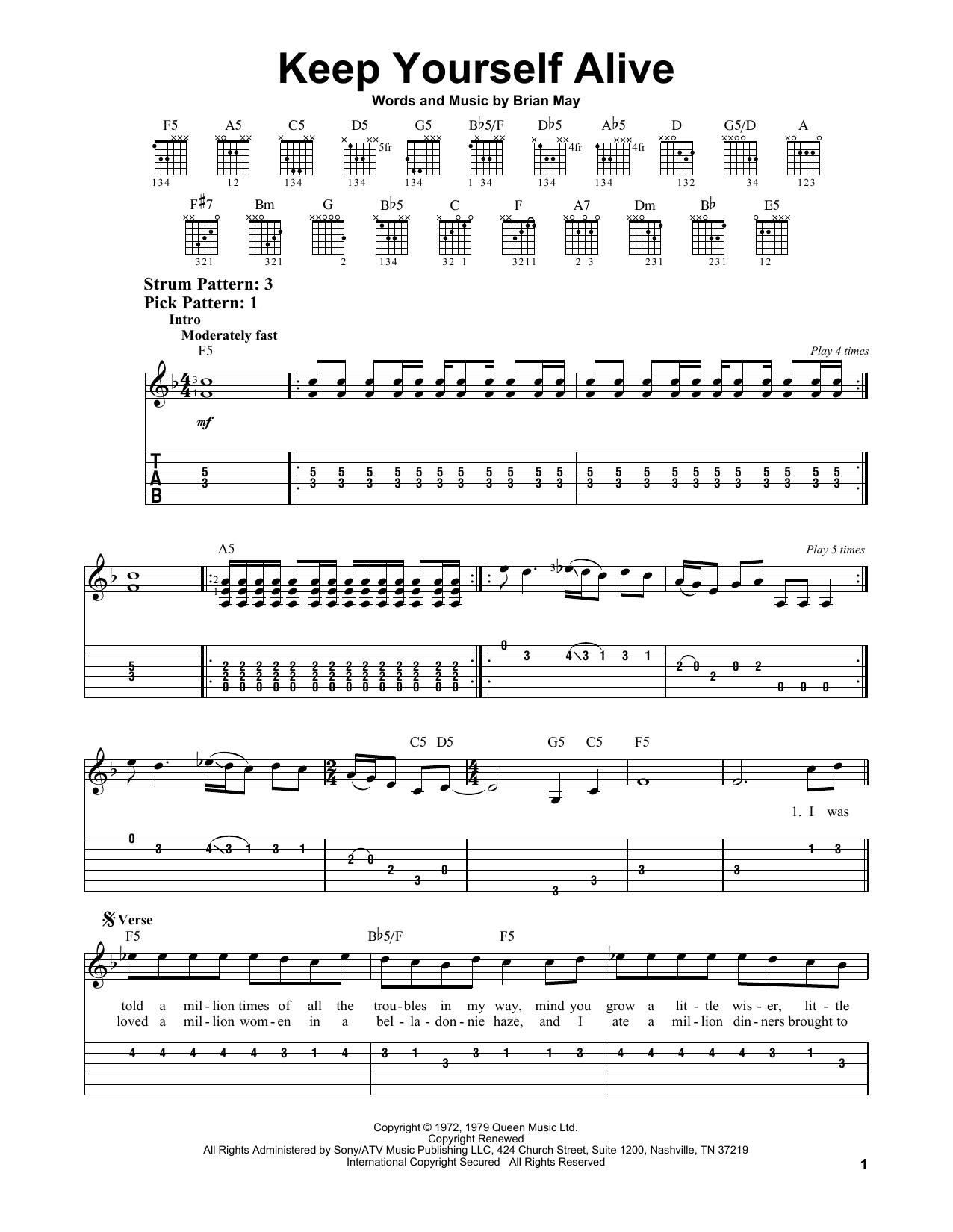 Queen Keep Yourself Alive sheet music notes and chords. Download Printable PDF.