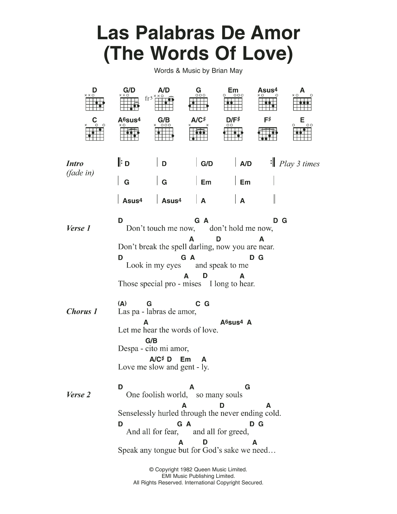 Queen Las Palabras De Amor (The Words Of Love) sheet music notes and chords. Download Printable PDF.