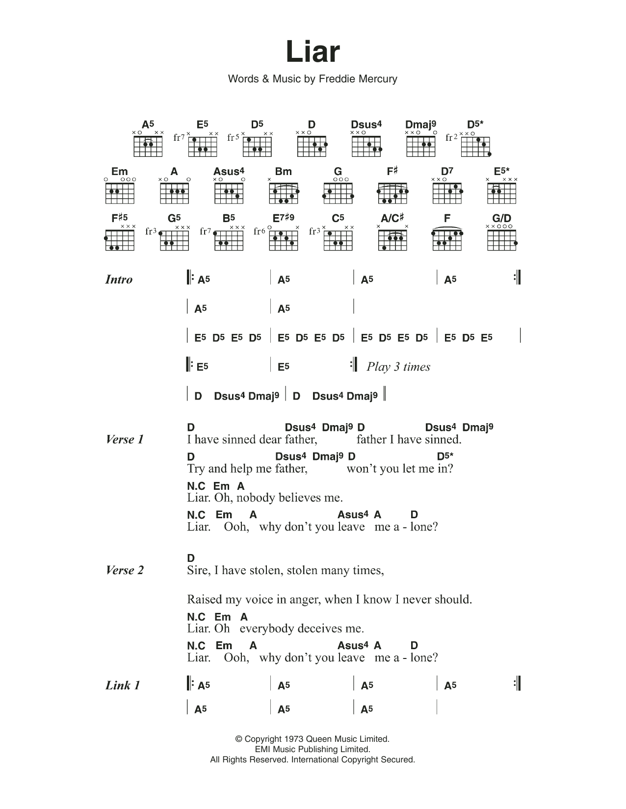 Queen Liar sheet music notes and chords. Download Printable PDF.