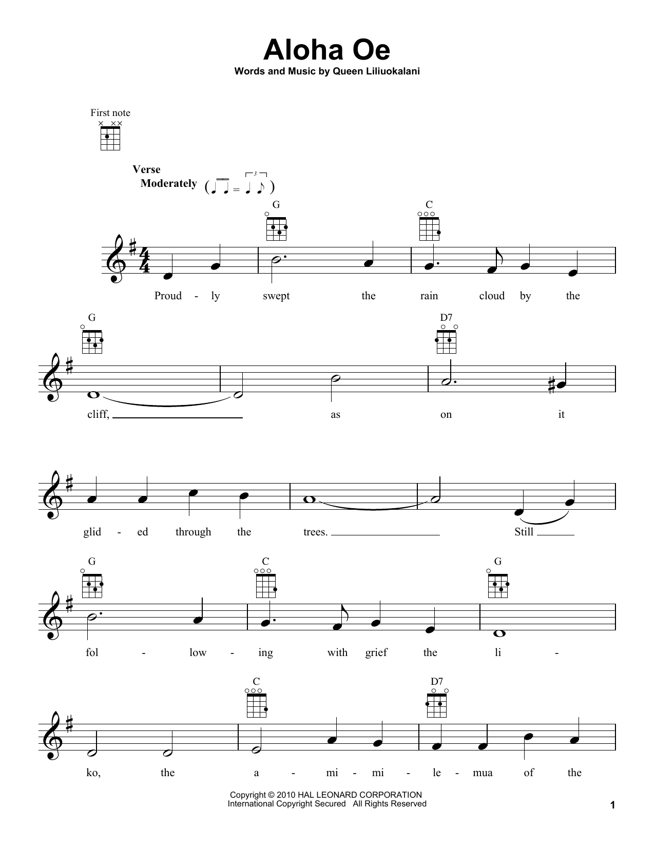 Queen Liliuokalani Aloha Oe sheet music notes and chords. Download Printable PDF.