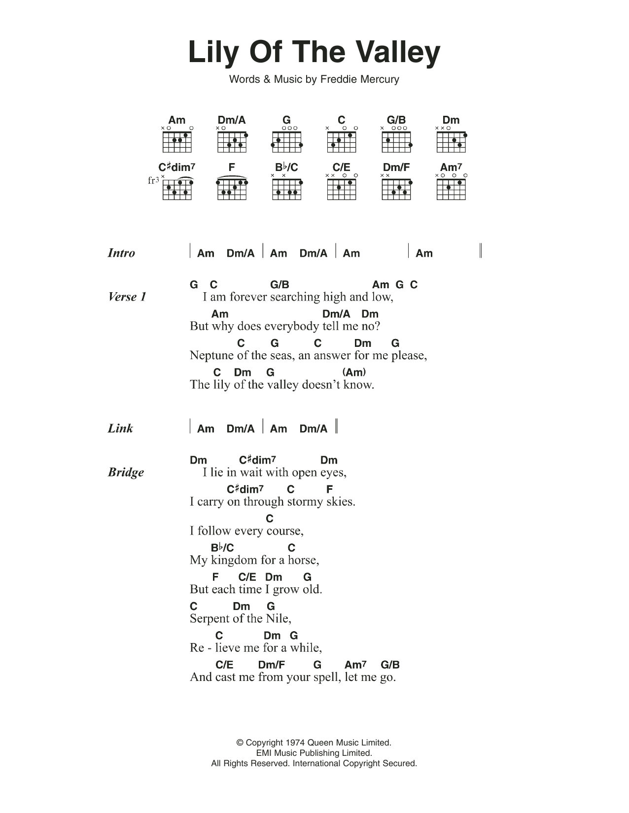 Queen Lily Of The Valley sheet music notes and chords. Download Printable PDF.