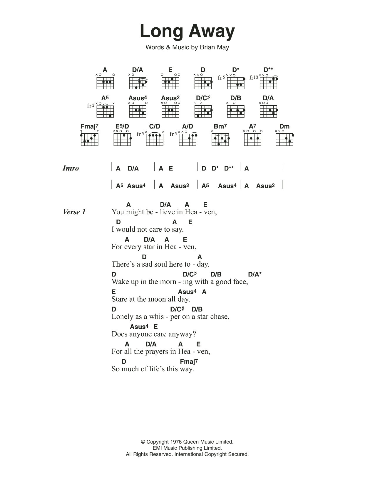 Queen Long Away sheet music notes and chords. Download Printable PDF.