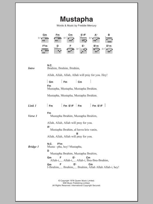 Queen Mustapha sheet music notes and chords. Download Printable PDF.