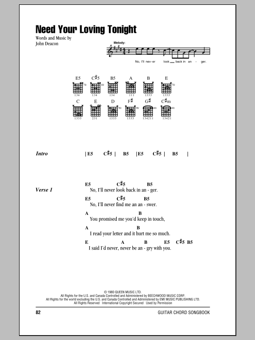 Queen Need Your Loving Tonight sheet music notes and chords. Download Printable PDF.