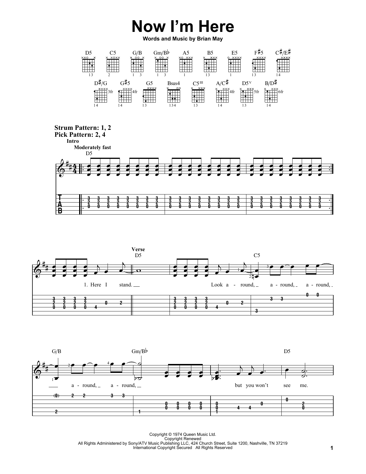 Queen Now I'm Here sheet music notes and chords arranged for Guitar Tab