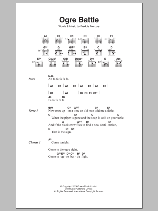 Queen Ogre Battle sheet music notes and chords. Download Printable PDF.