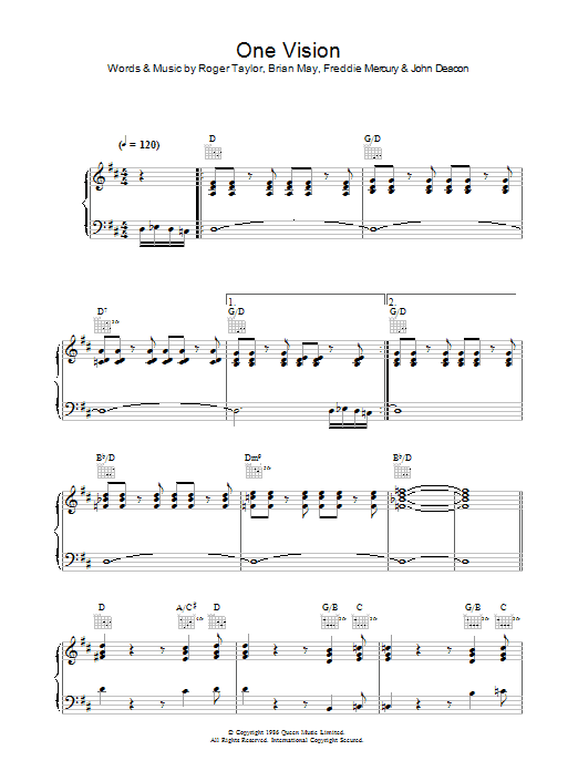 Queen One Vision sheet music notes and chords. Download Printable PDF.