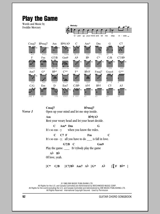 Queen Play The Game sheet music notes and chords. Download Printable PDF.