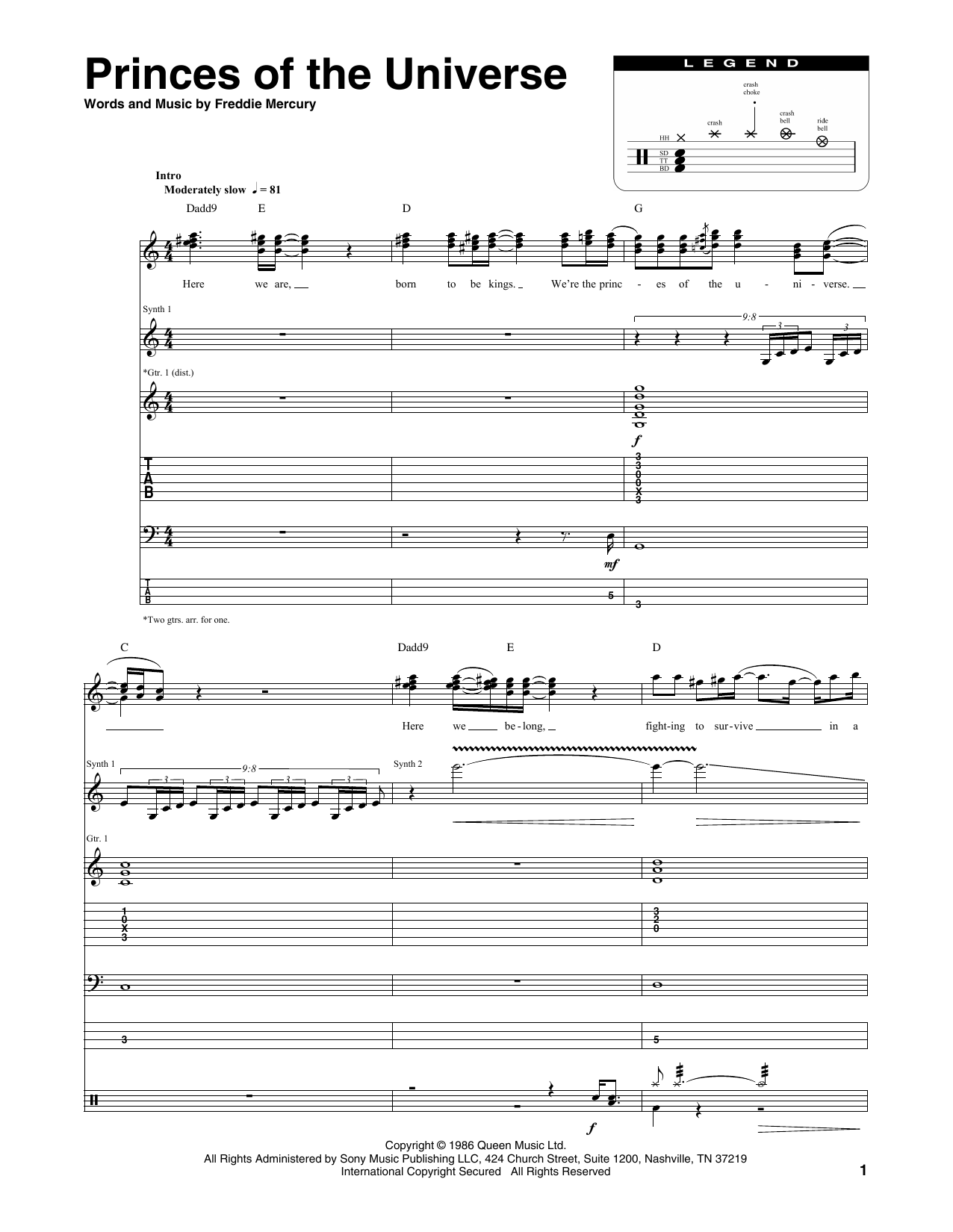 Queen Princes Of The Universe sheet music notes and chords. Download Printable PDF.