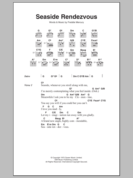 Queen Seaside Rendezvous sheet music notes and chords. Download Printable PDF.