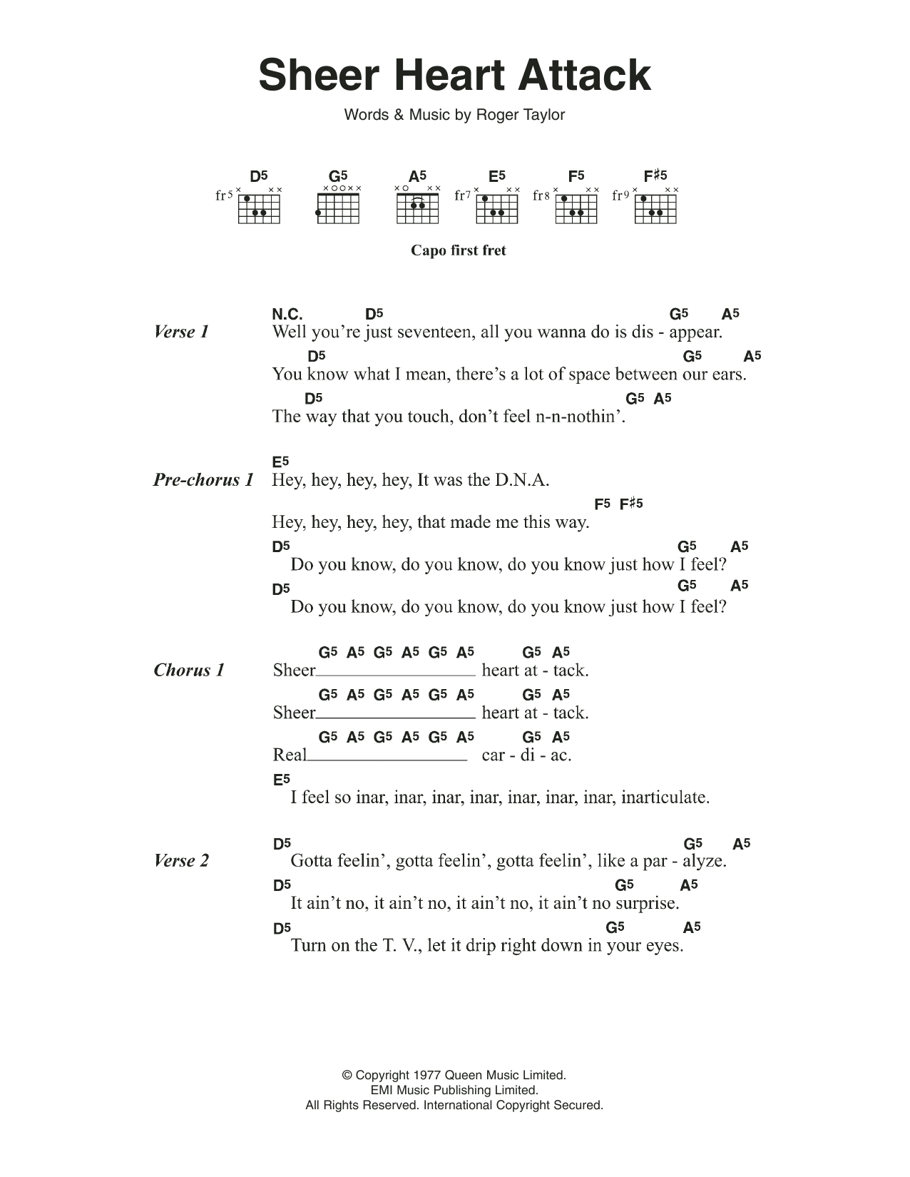 Queen Sheer Heart Attack sheet music notes and chords. Download Printable PDF.