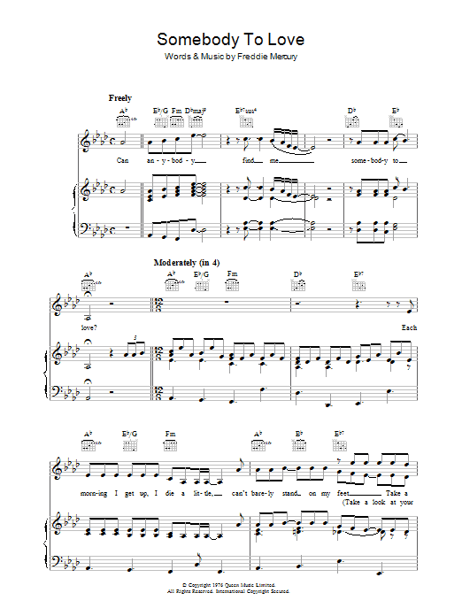 Queen Somebody To Love sheet music notes and chords arranged for Guitar Tab