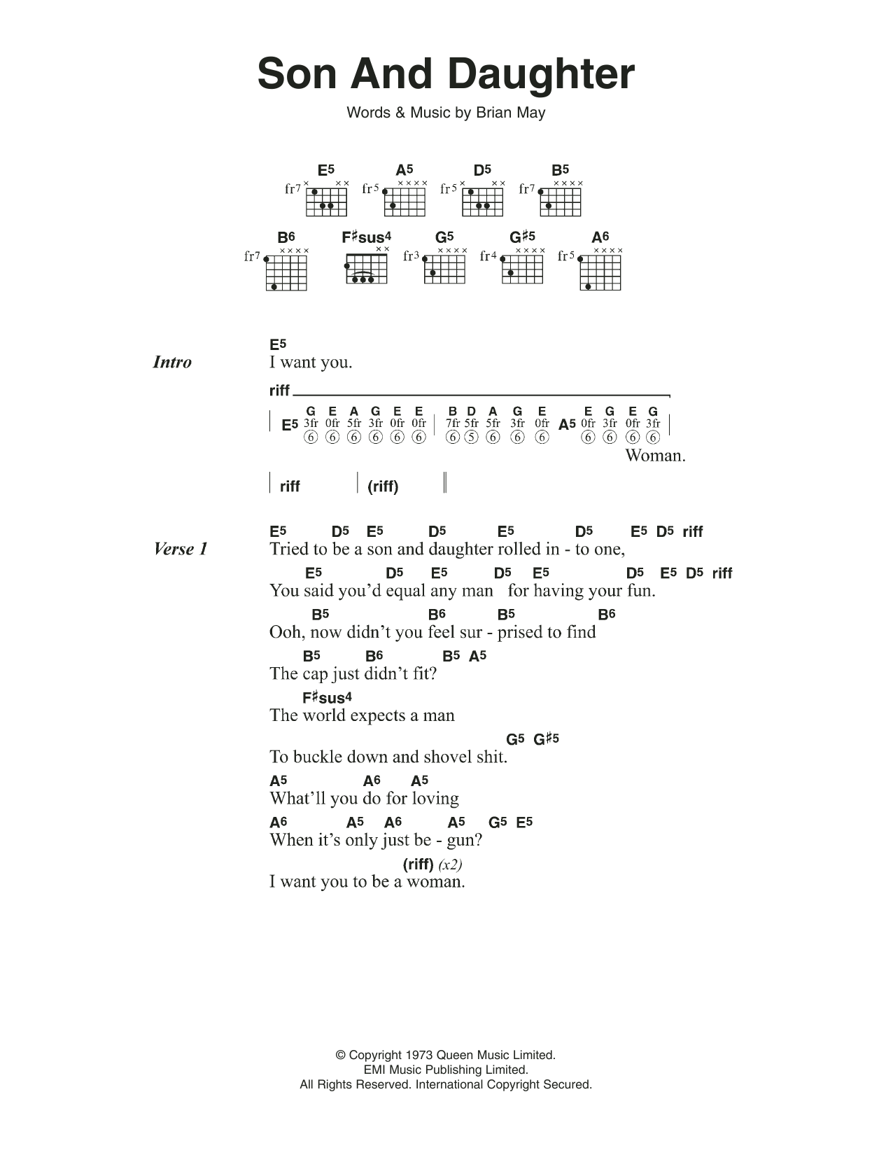 Queen Son And Daughter sheet music notes and chords. Download Printable PDF.