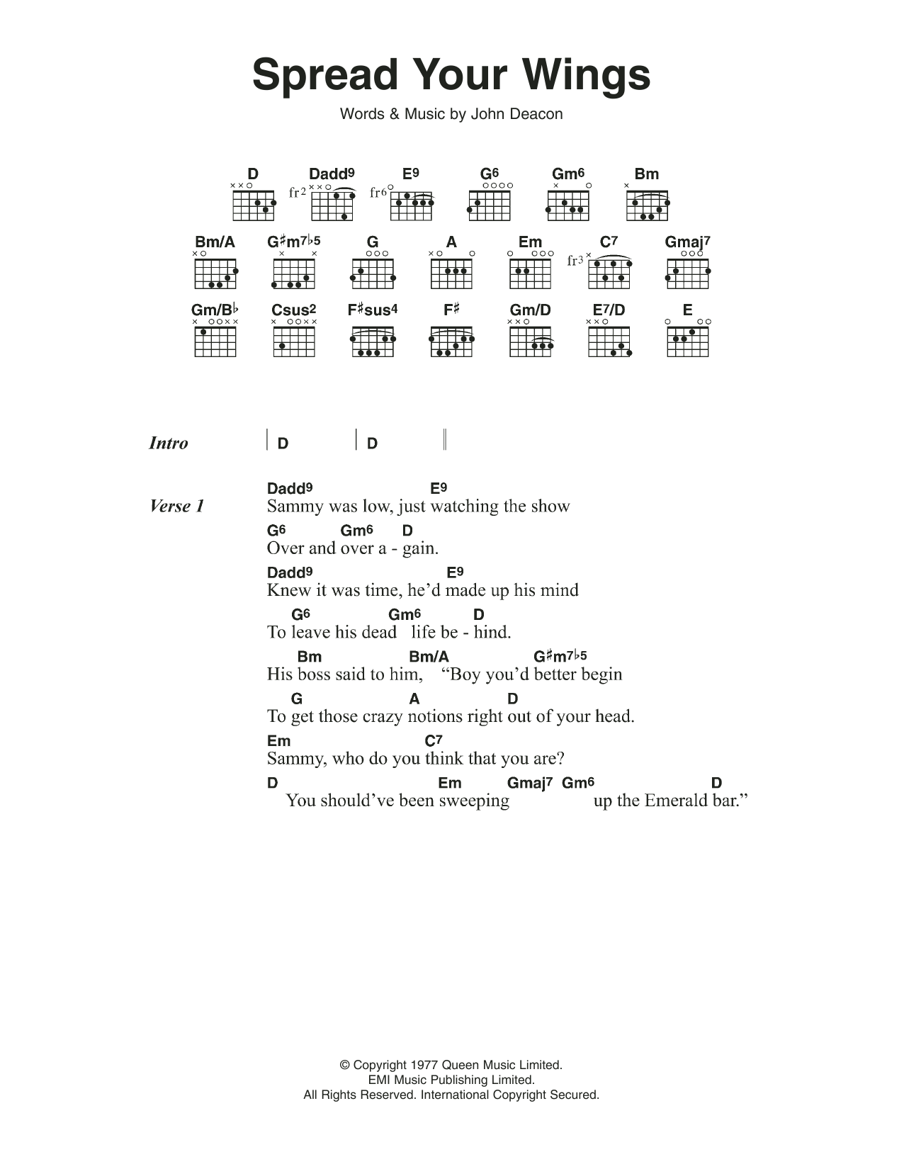 Queen Spread Your Wings sheet music notes and chords. Download Printable PDF.