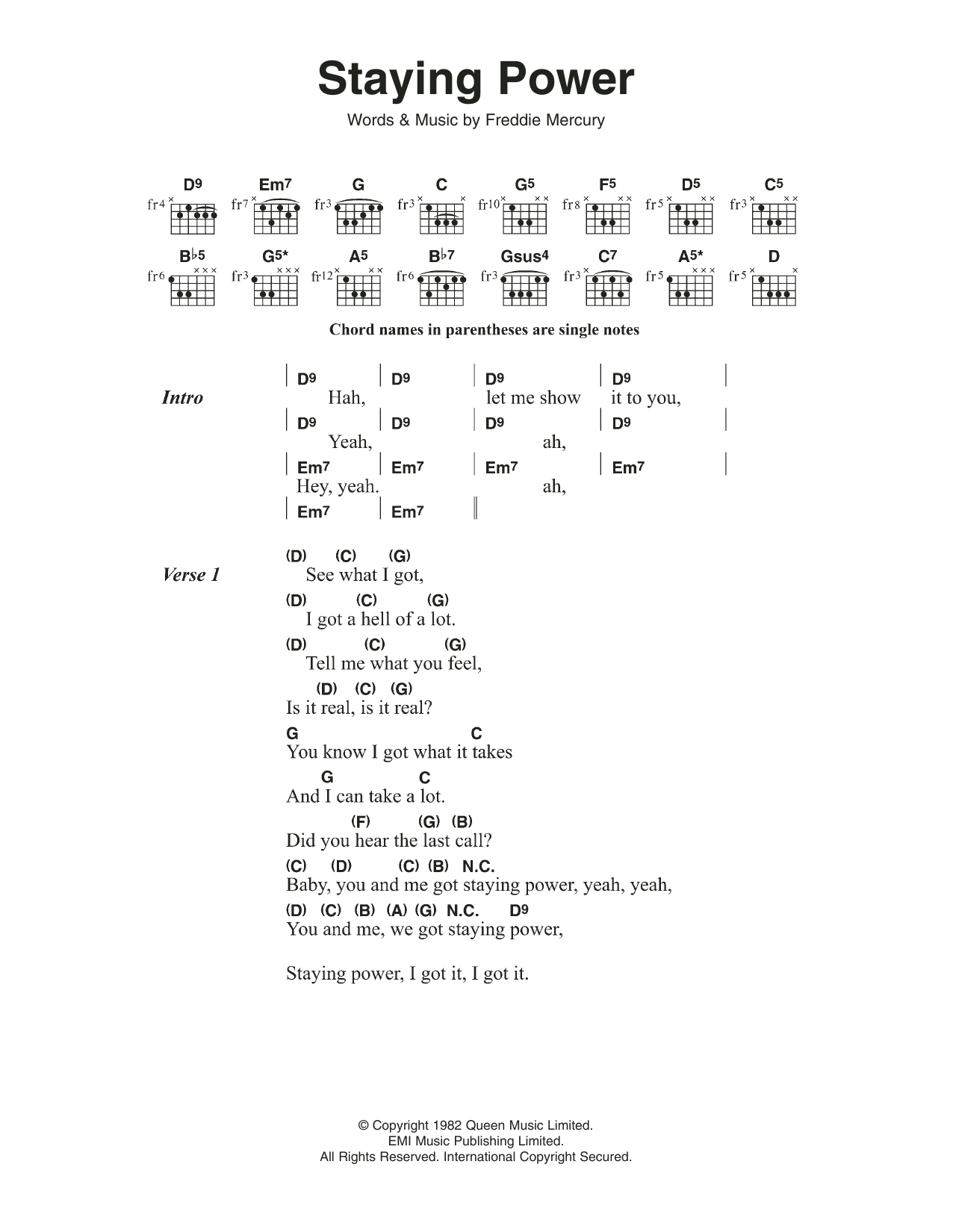 Queen Staying Power sheet music notes and chords. Download Printable PDF.