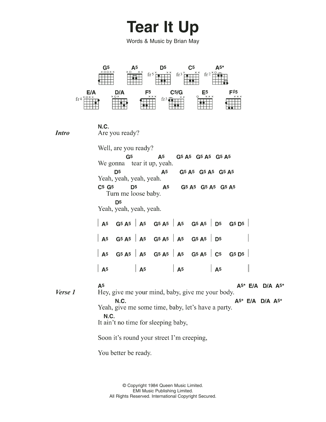 Queen Tear It Up sheet music notes and chords arranged for Guitar Chords/Lyrics