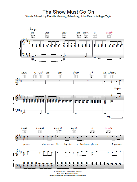 Queen The Show Must Go On sheet music notes and chords. Download Printable PDF.