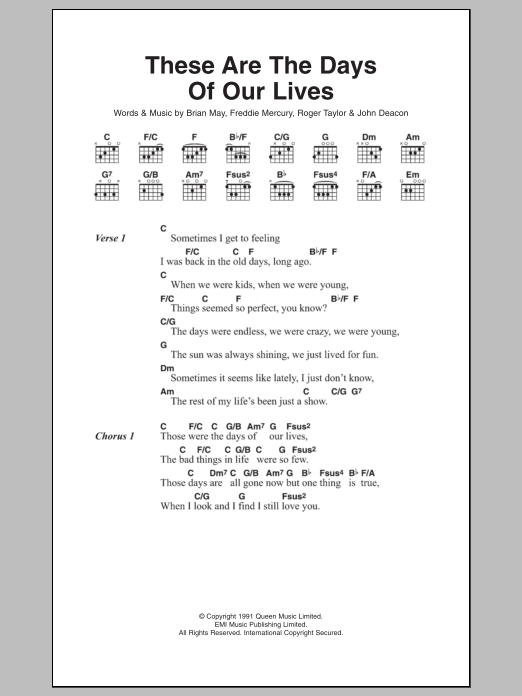 Queen These Are The Days Of Our Lives sheet music notes and chords. Download Printable PDF.