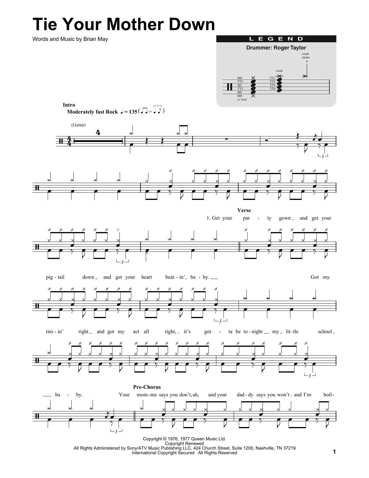 Queen Tie Your Mother Down sheet music notes and chords arranged for Piano, Vocal & Guitar Chords (Right-Hand Melody)