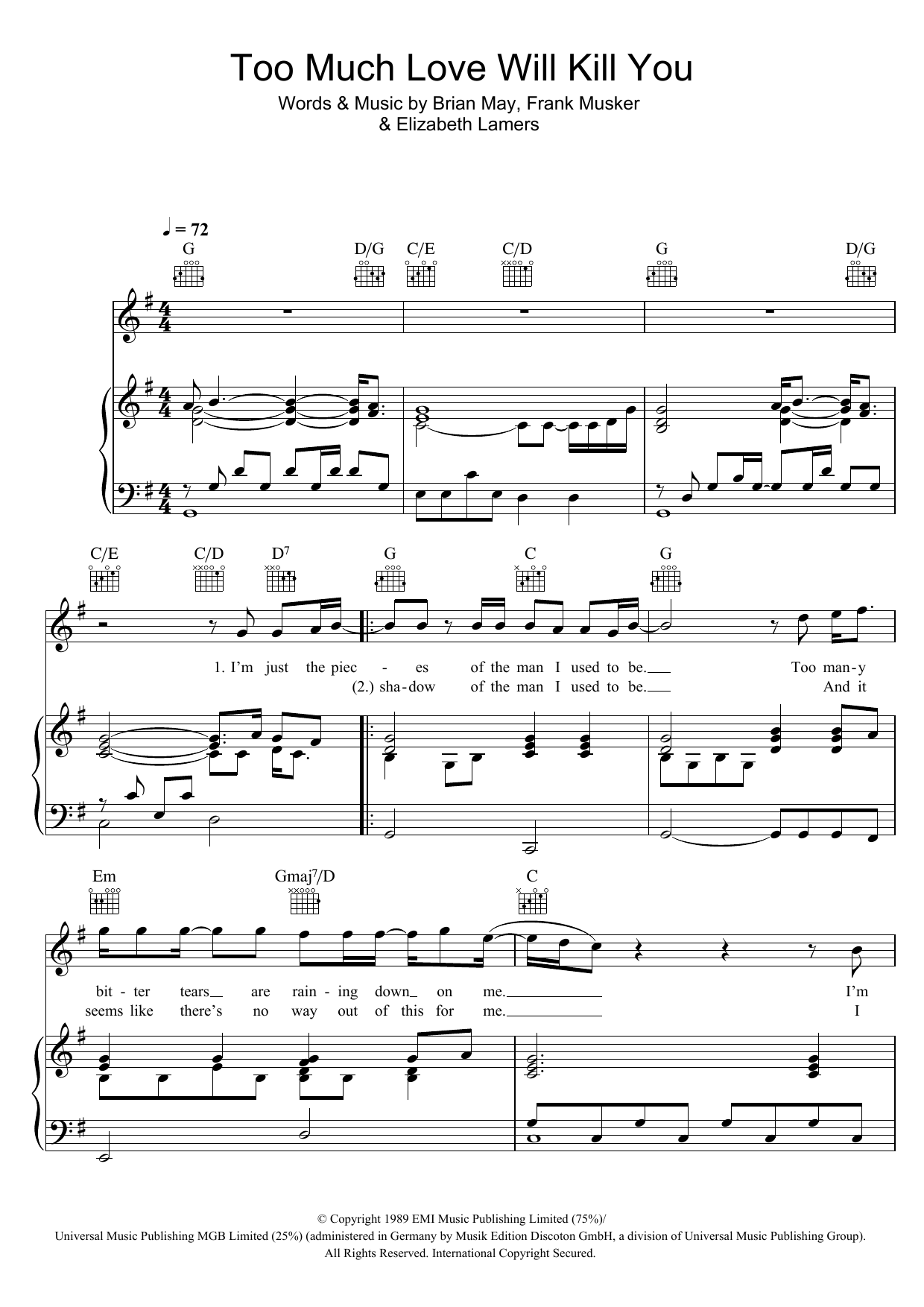 Queen Too Much Love Will Kill You sheet music notes and chords. Download Printable PDF.