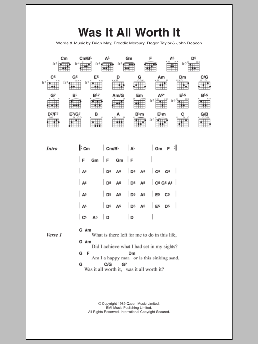 Queen Was It All Worth It sheet music notes and chords. Download Printable PDF.