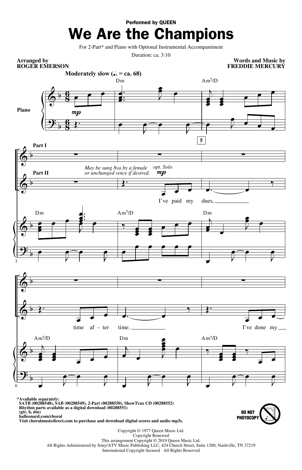 Queen We Are The Champions (arr. Roger Emerson) sheet music notes and chords. Download Printable PDF.