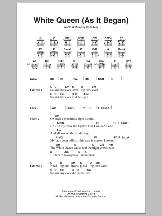 Queen White Queen (As It Began) sheet music notes and chords. Download Printable PDF.