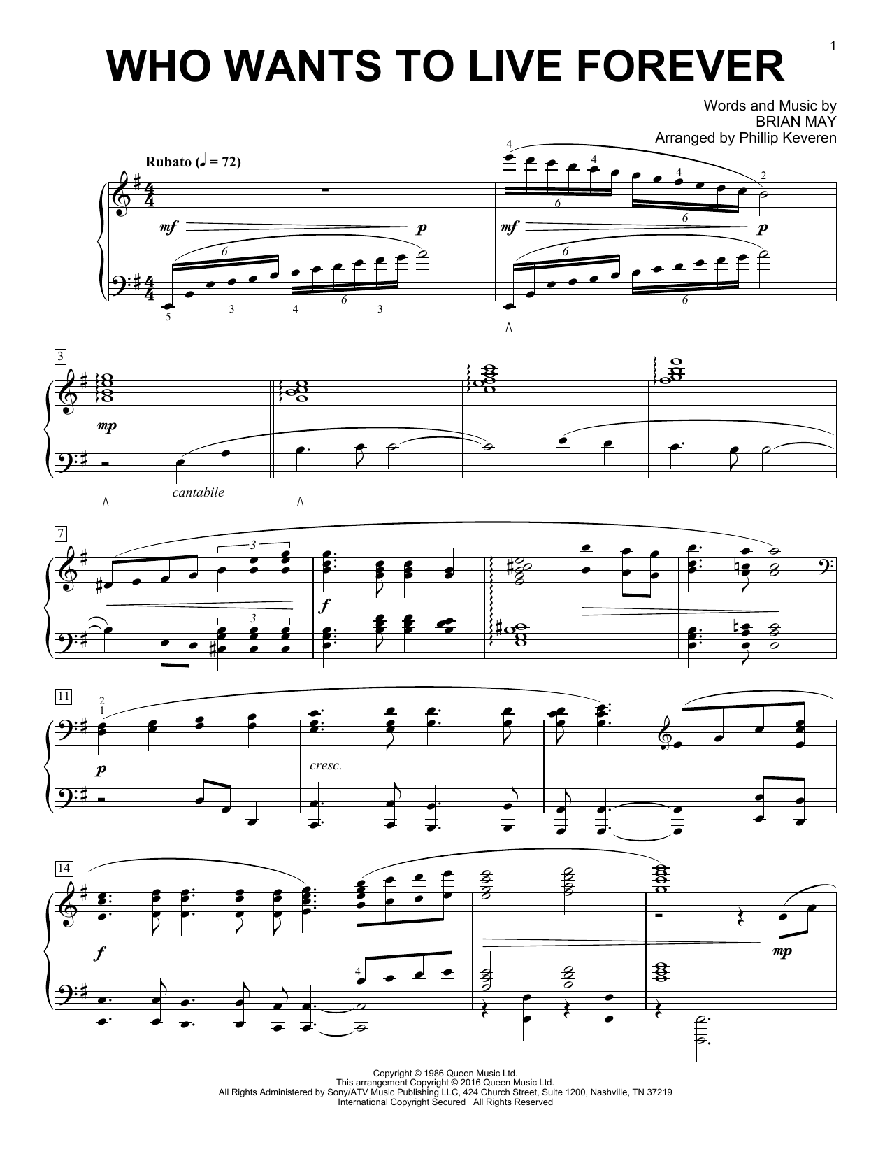 Queen Who Wants To Live Forever [Classical version] (arr. Phillip Keveren) sheet music notes and chords. Download Printable PDF.