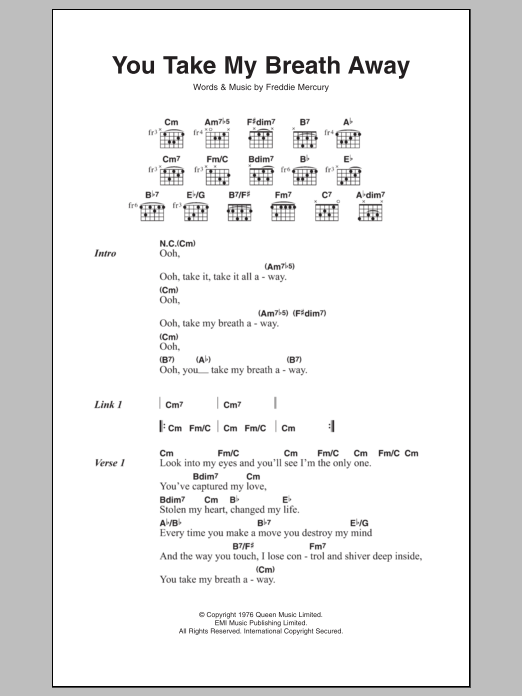 Queen You Take My Breath Away sheet music notes and chords. Download Printable PDF.