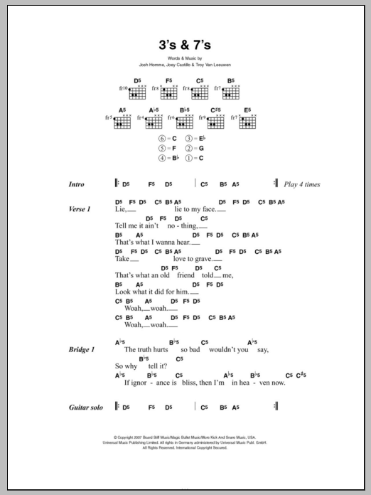 Queens Of The Stone Age 3's & 7's sheet music notes and chords. Download Printable PDF.