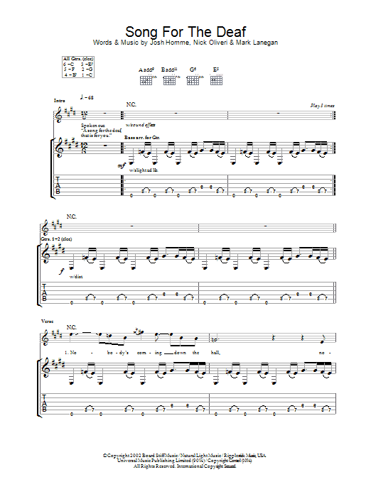 Learn to play Queens Of The Stone Age A Song For The Deaf sheet music for Guitar Tab in minutes. Price: 7.8900$ Queens Of The Stone Age A Song For The Deaf sheet music notes and chords arranged for Guitar Tab