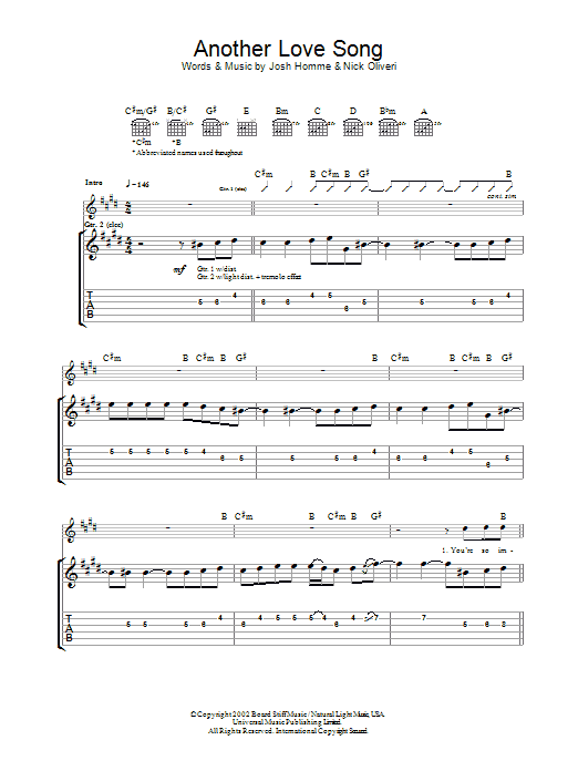 Learn to play Queens Of The Stone Age Another Love Song sheet music for Guitar Tab in minutes. Price: 7.8900$ Queens Of The Stone Age Another Love Song sheet music notes and chords arranged for Guitar Tab