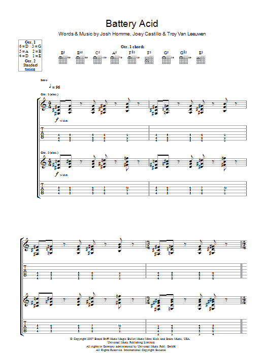Learn to play Queens Of The Stone Age Battery Acid sheet music for Guitar Tab in minutes. Price: 7.8900$ Queens Of The Stone Age Battery Acid sheet music notes and chords arranged for Guitar Tab