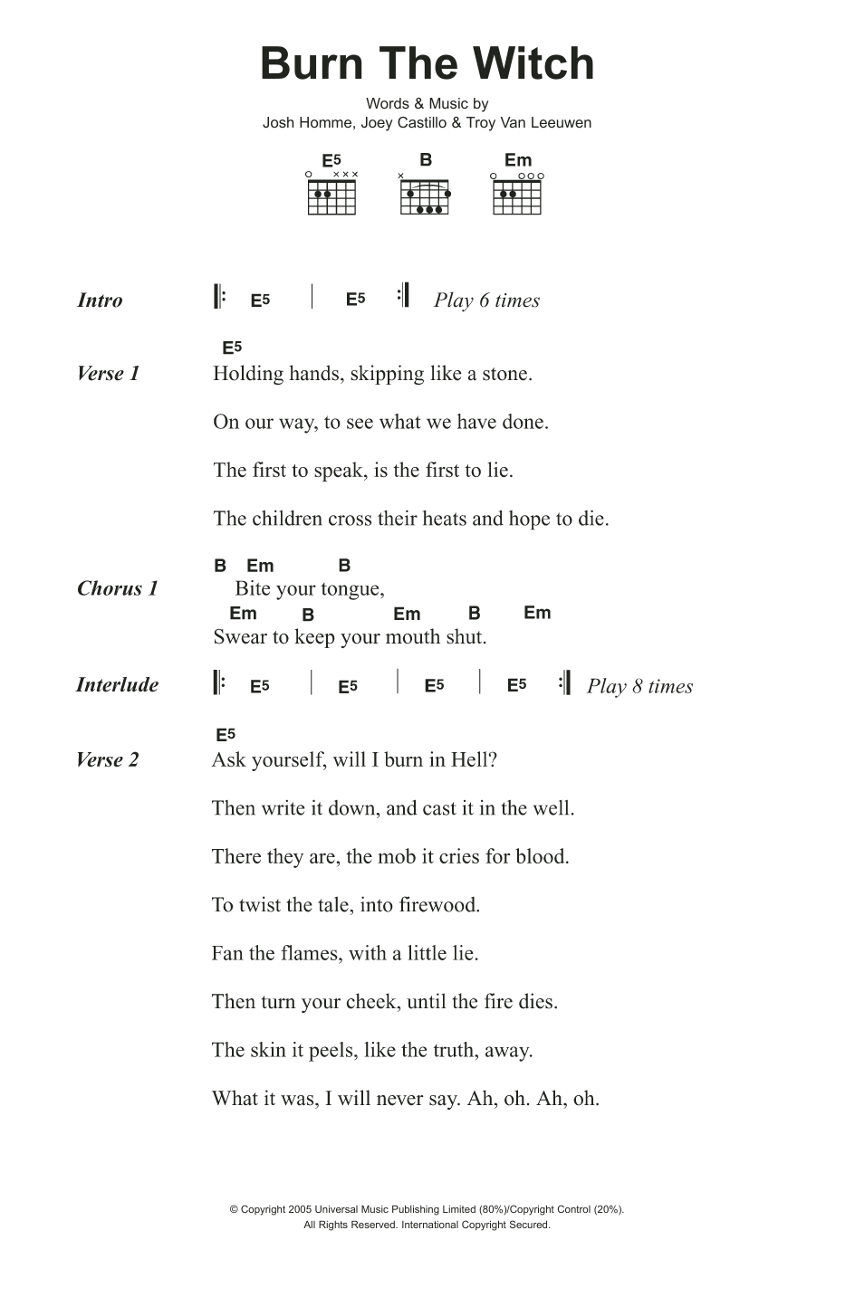 Queens Of The Stone Age Burn The Witch sheet music notes and chords. Download Printable PDF.