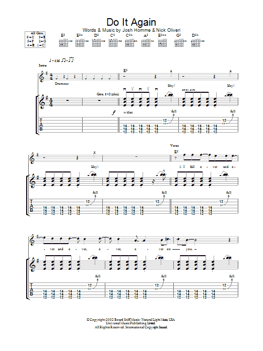 Learn to play Queens Of The Stone Age Do It Again sheet music for Guitar Tab in minutes. Price: 7.8900$ Queens Of The Stone Age Do It Again sheet music notes and chords arranged for Guitar Tab