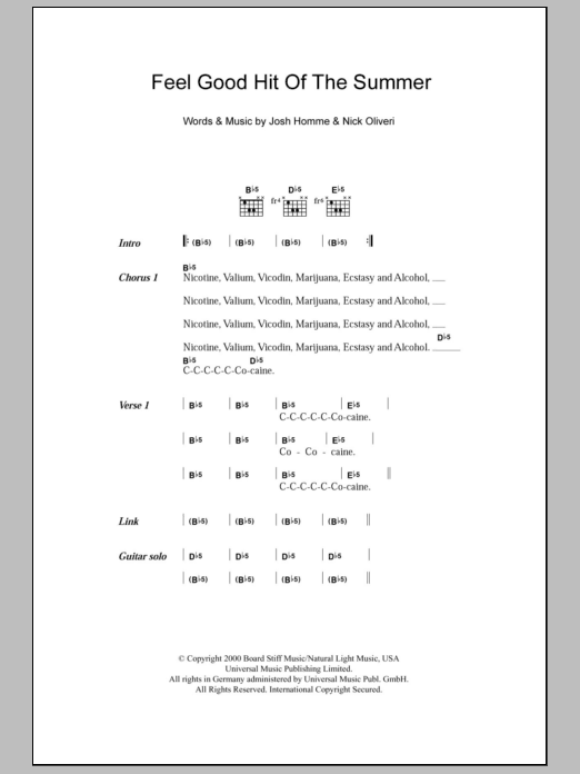 Queens Of The Stone Age Feel Good Hit Of The Summer sheet music notes and chords. Download Printable PDF.