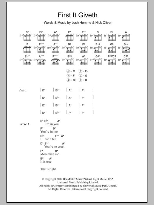 Queens Of The Stone Age First It Giveth sheet music notes and chords. Download Printable PDF.