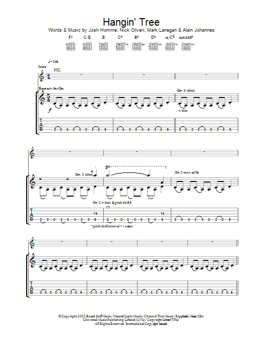 Learn to play Queens Of The Stone Age Hangin' Tree sheet music for Guitar Tab in minutes. Price: 7.8900$ Queens Of The Stone Age Hangin' Tree sheet music notes and chords arranged for Guitar Tab