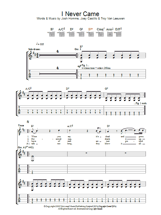 Learn to play Queens Of The Stone Age I Never Came sheet music for Guitar Tab in minutes. Price: 7.8900$ Queens Of The Stone Age I Never Came sheet music notes and chords arranged for Guitar Tab