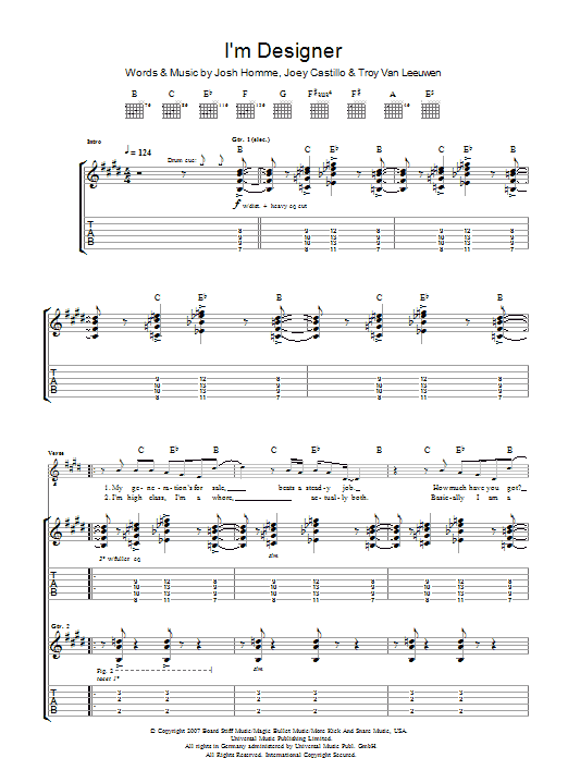 Learn to play Queens Of The Stone Age I'm Designer sheet music for Guitar Tab in minutes. Price: 7.8900$ Queens Of The Stone Age I'm Designer sheet music notes and chords arranged for Guitar Tab