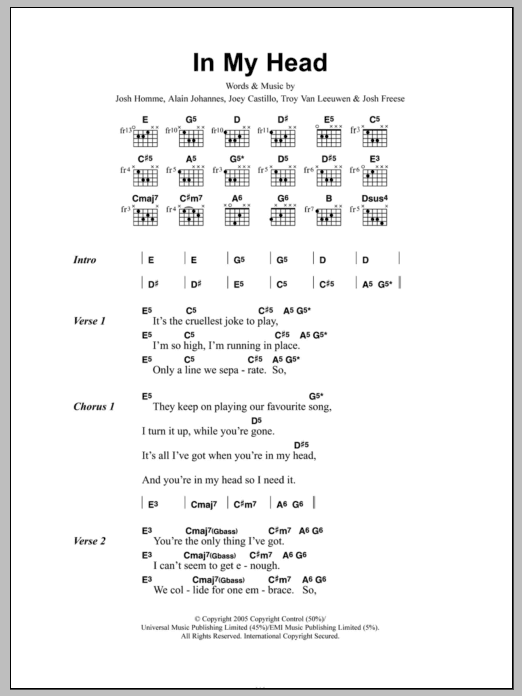 Queens Of The Stone Age In My Head sheet music notes and chords. Download Printable PDF.